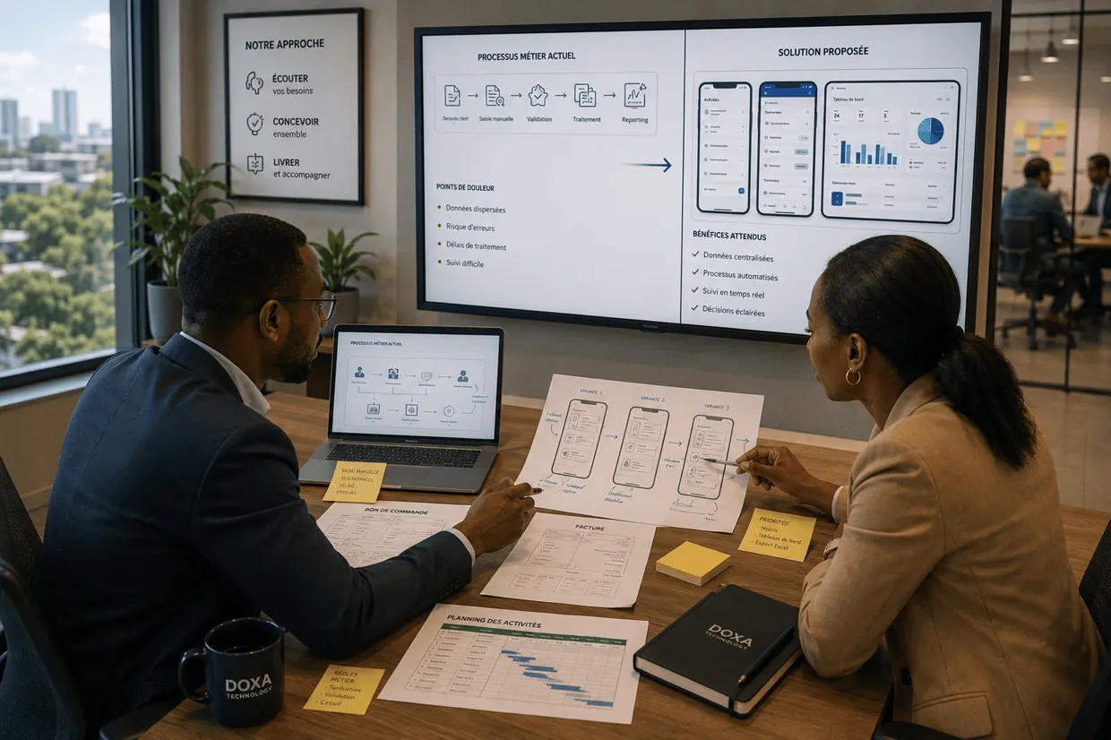 Équipe travaillant sur une interface métier numérique